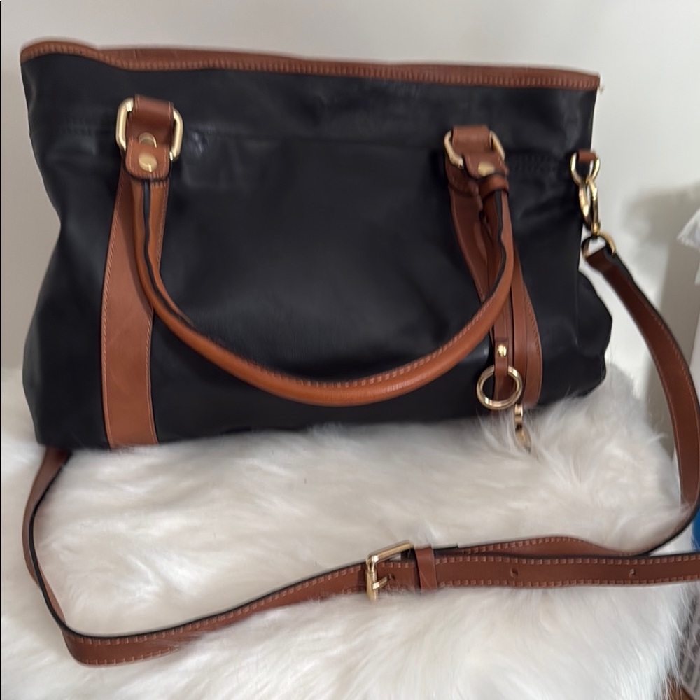 Black and Brown Shoulder Bag with Leather Accents